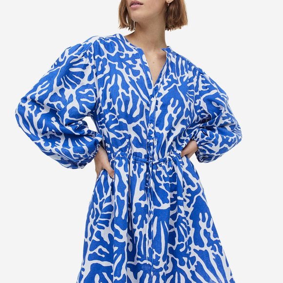 NWT H&M Bright Blue Pattern Linen Blend Short Dress Size: Medium - Picture 3 of 12